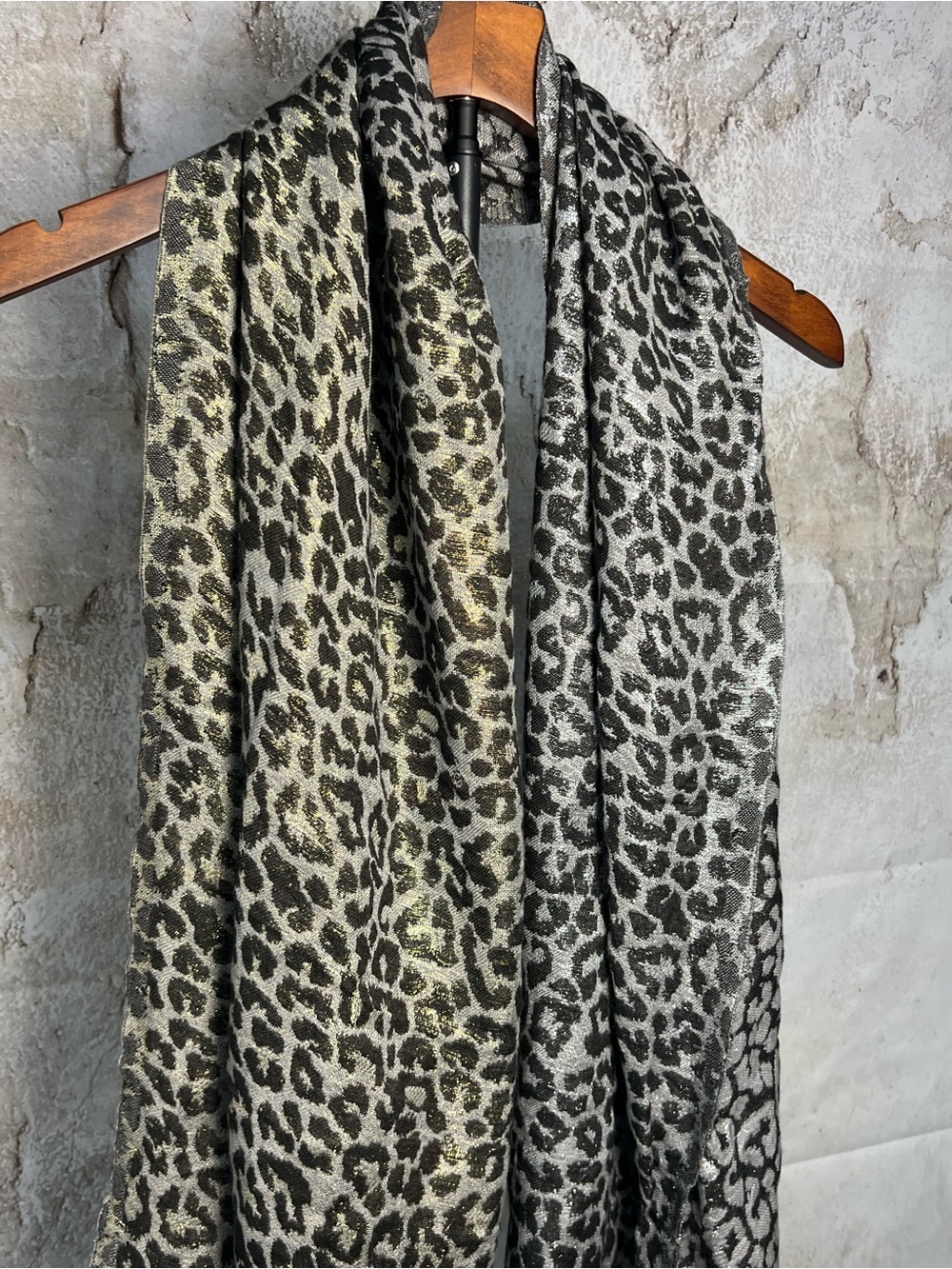 LOFT Metallic Leopard Print Scarf Gray Black Gold Fringe Wrap Shawl